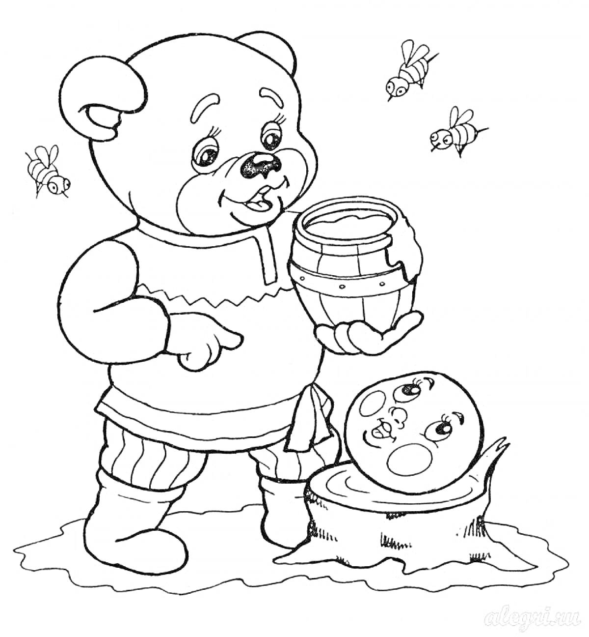 Раскраска Медведь с бочонком меда и Колобок на пеньке, вокруг летают пчелы