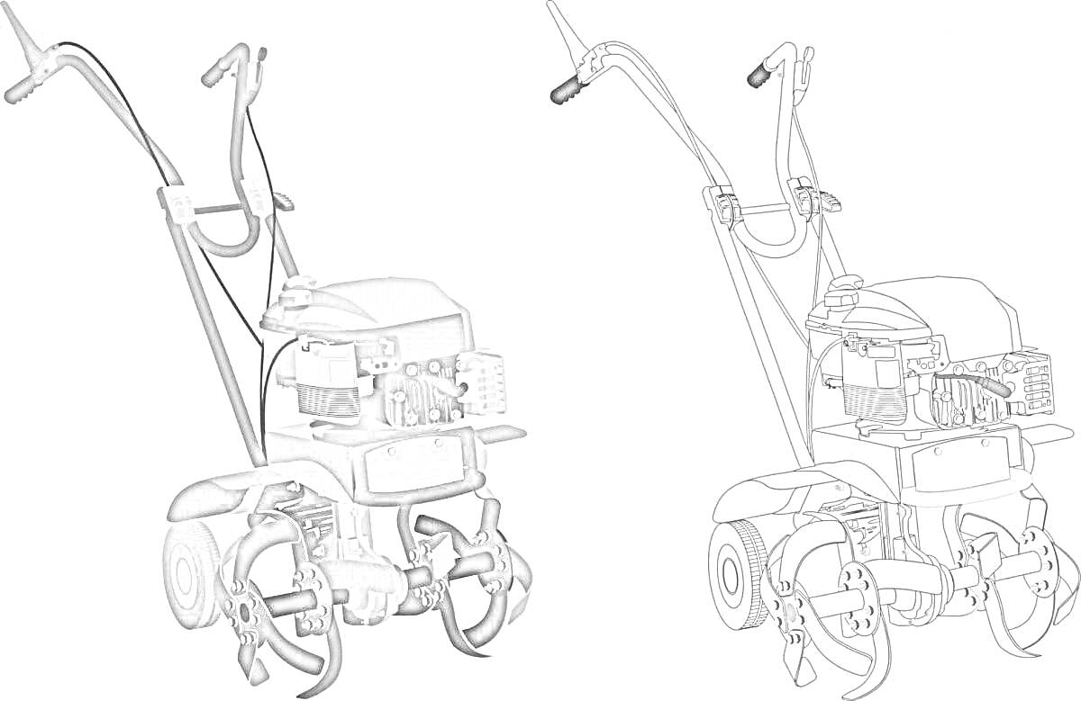 Раскраска мотоблок с ручками, двигателем и культиваторным механизмом