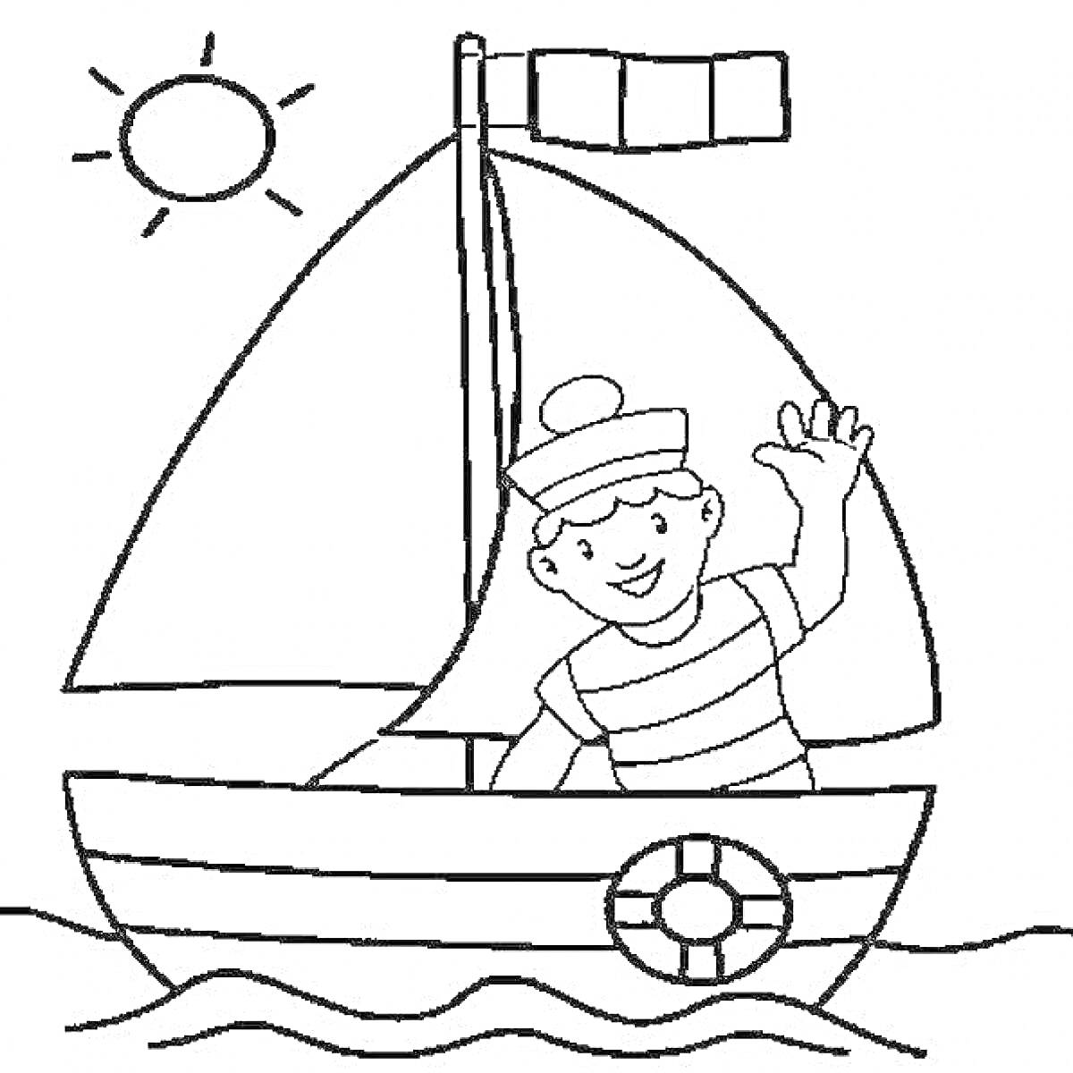 На раскраске изображено: Моряк, Лодка, Корабль, Флаг, Солнце, Волны, Вода, Море, Для детей