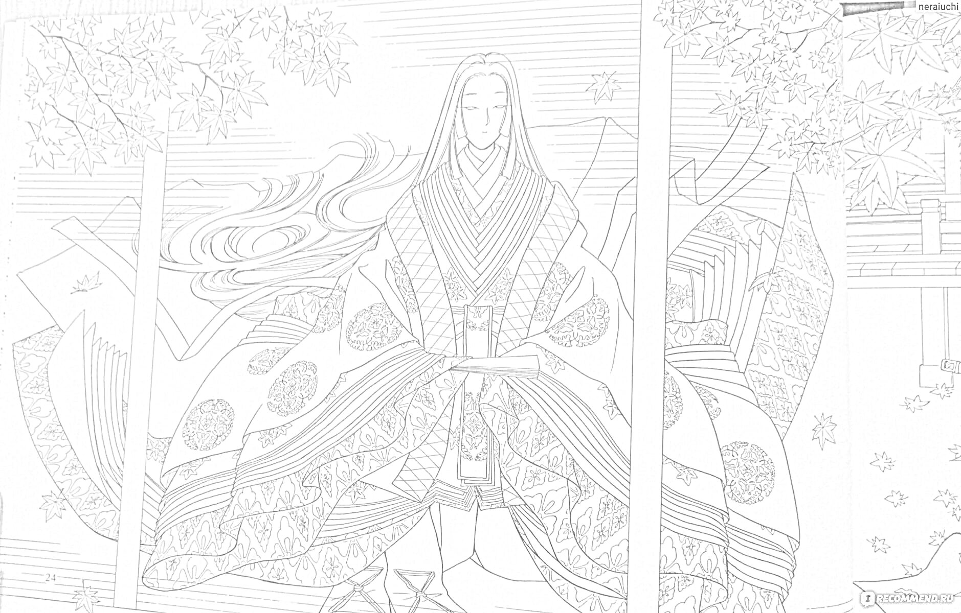 На раскраске изображено: Воин, Кимоно, Веер, Архитектура, Сакура, Традиционная одежда