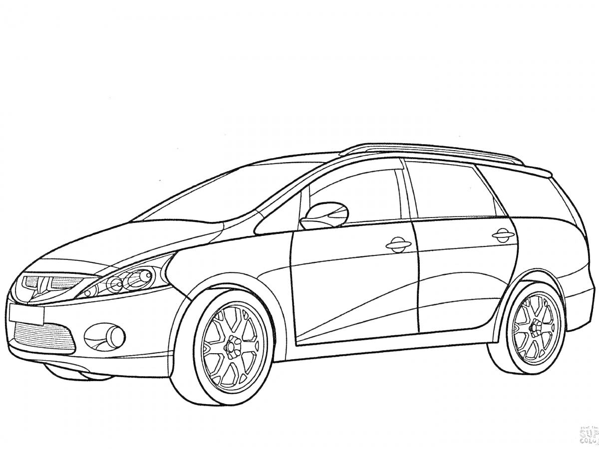 На раскраске изображено: Колёса, Капот, Фары, Контурные рисунки