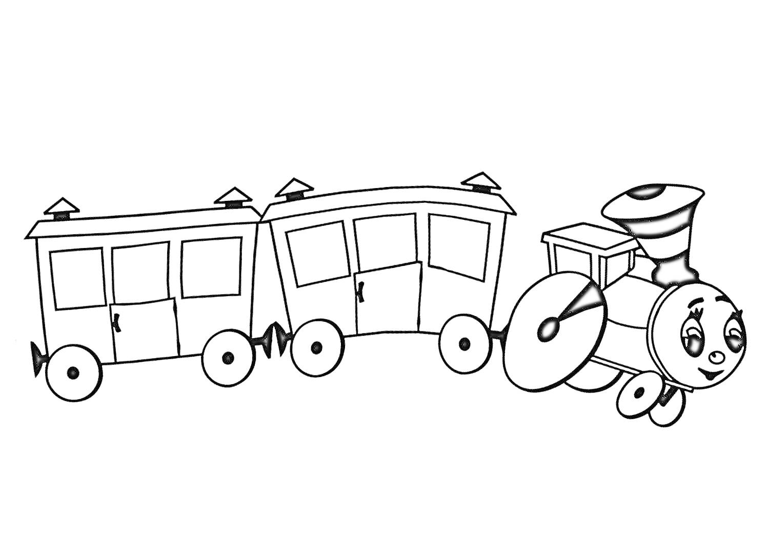 Раскраска Паровозик с двумя вагончиками, лицом на паровозике, колесами и крышами с флажками