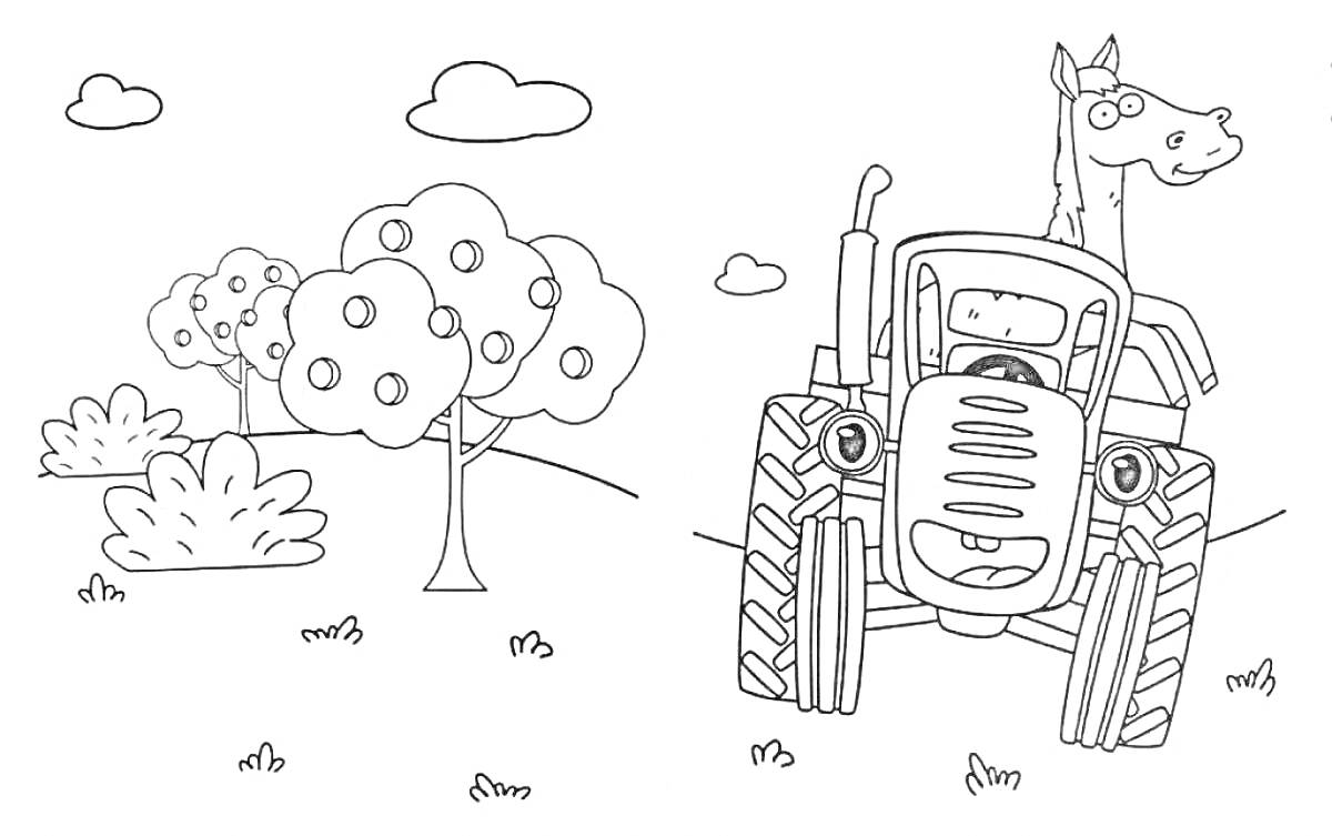 На раскраске изображено: Трактор, Деревья, Природа, Облака