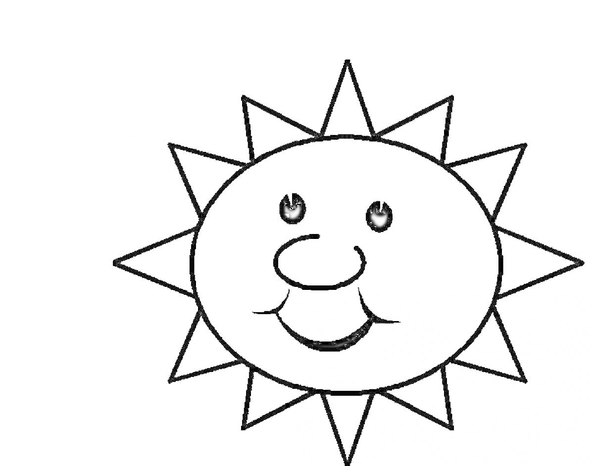 На раскраске изображено: Улыбка, Лучи, Для детей, Треугольники, Простая линия, Круги, Солнце
