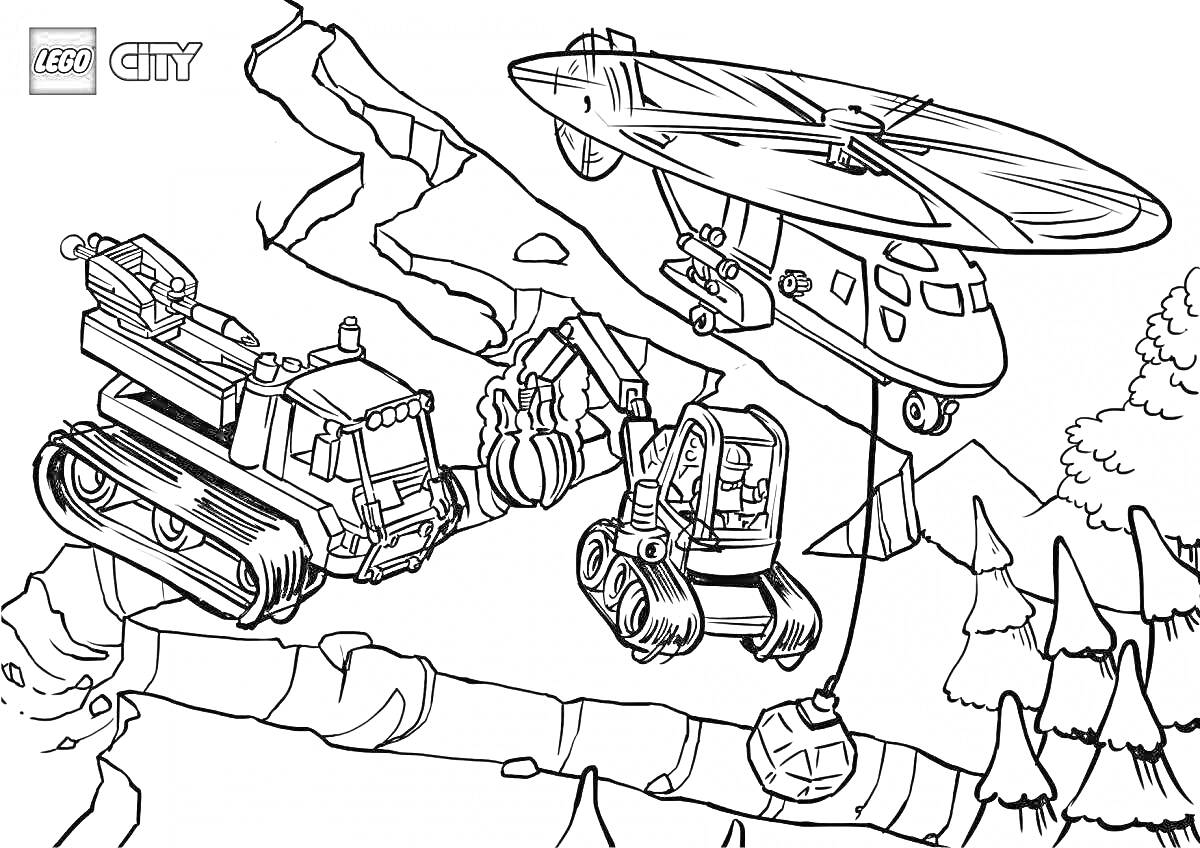 Раскраска Лего военная база с вертолетом и строительной техникой (бульдозер и экскаватор)