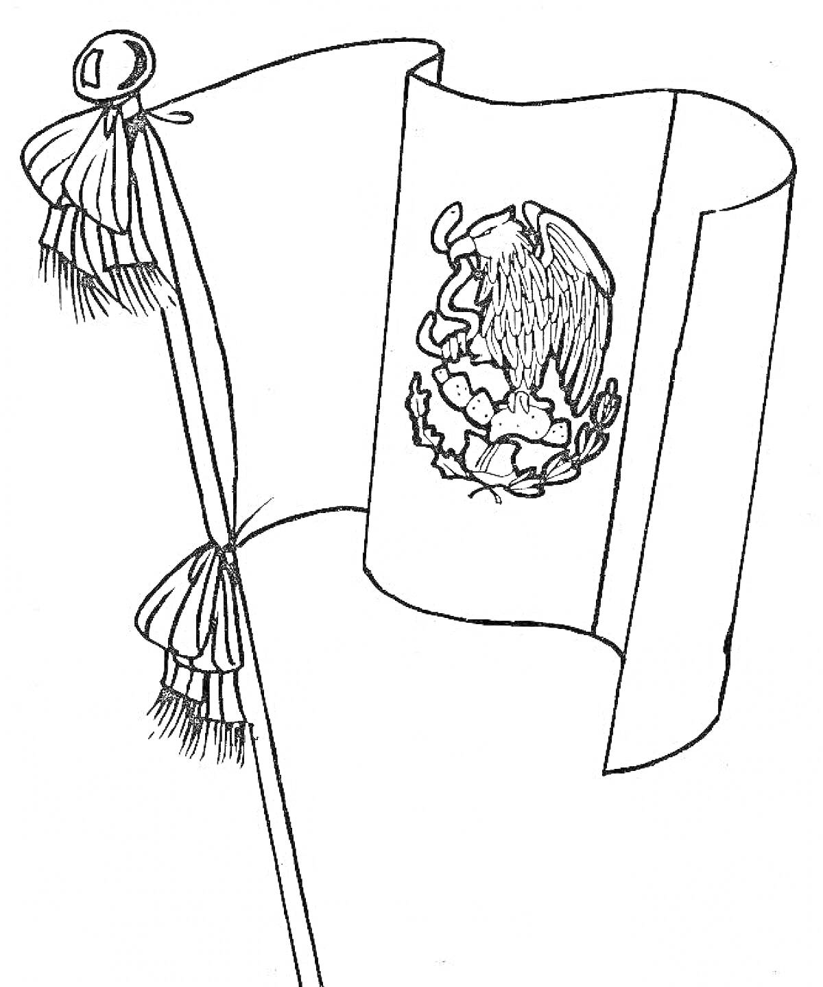Раскраска Флаг Мексики с гербом на древке с двумя ленточками