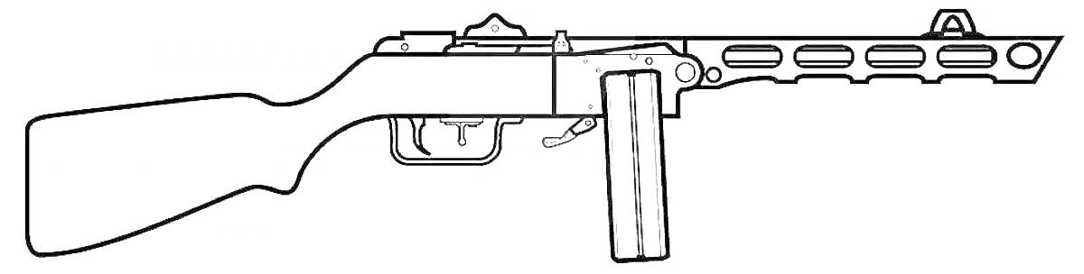 На раскраске изображено: Пистолет-пулемет, Оружие, Приклад, Магазин, Прицел