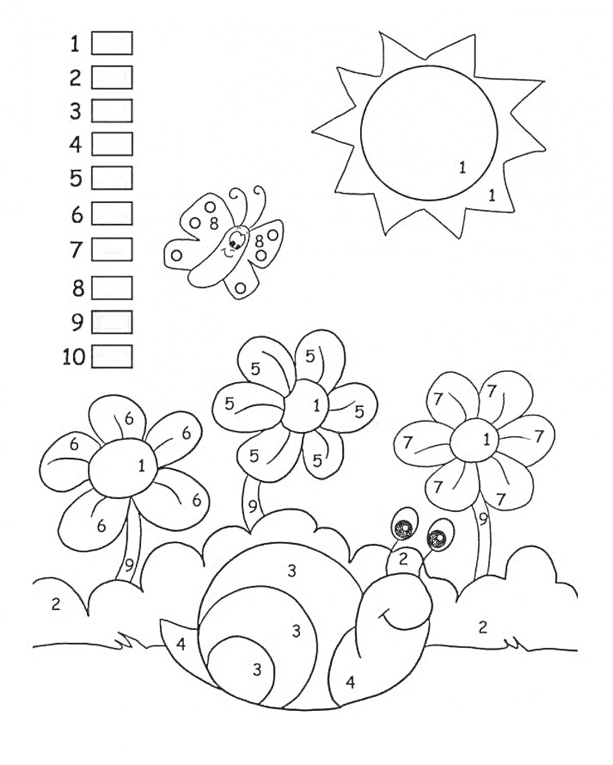 Раскраска Улитка, бабочка, цветы и солнце