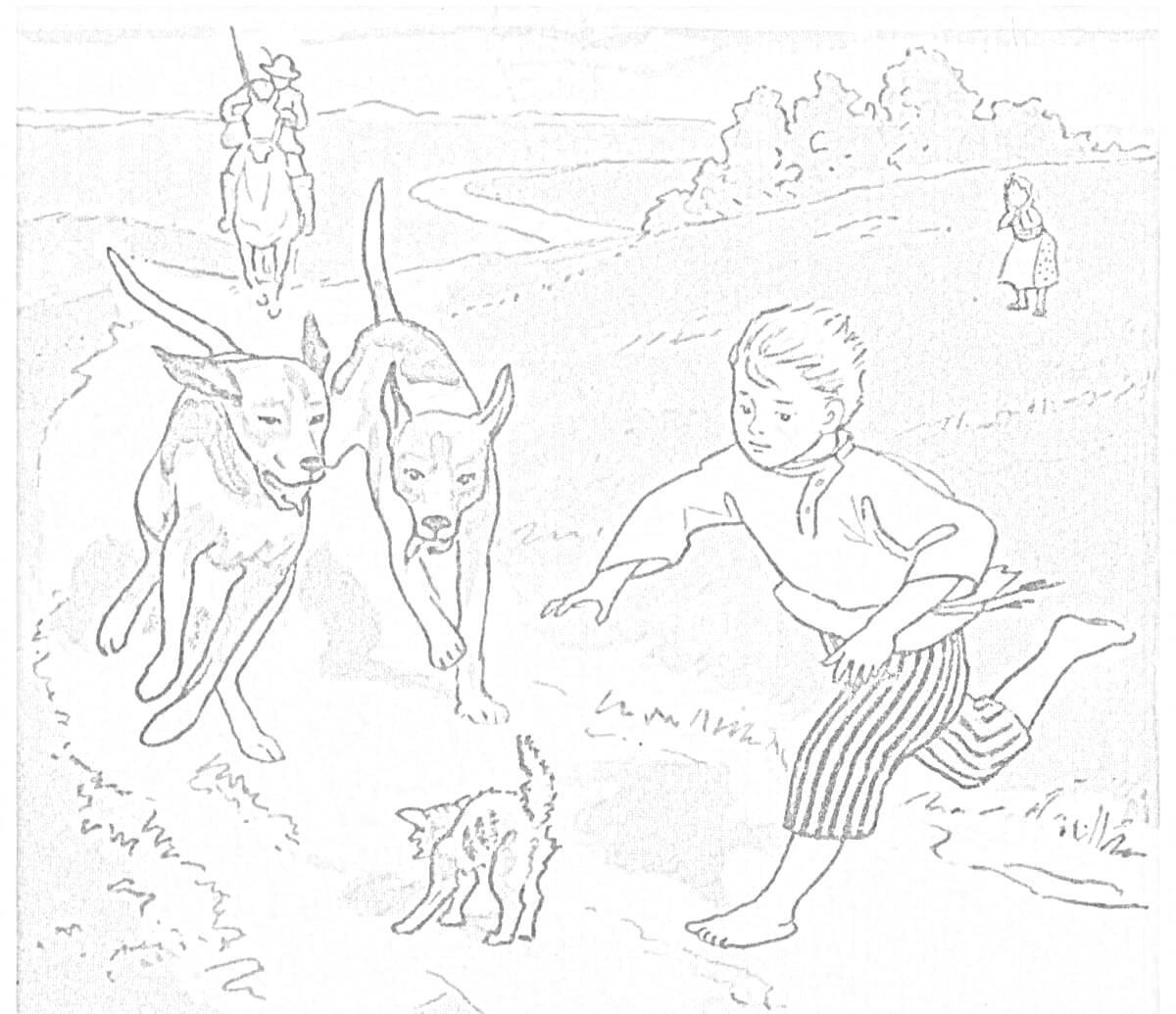 Раскраска Мальчик, бегущий за котенком, две собаки, лошадник и человек вдали на дорожке среди поля