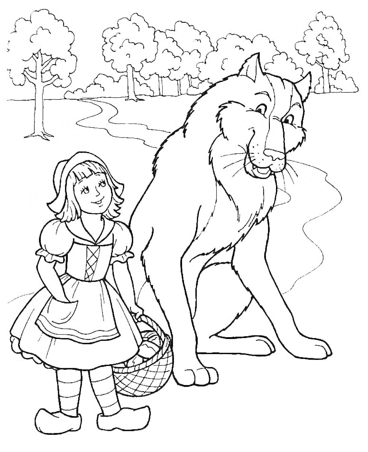Раскраска Девочка с корзинкой и большой волк на фоне деревьев