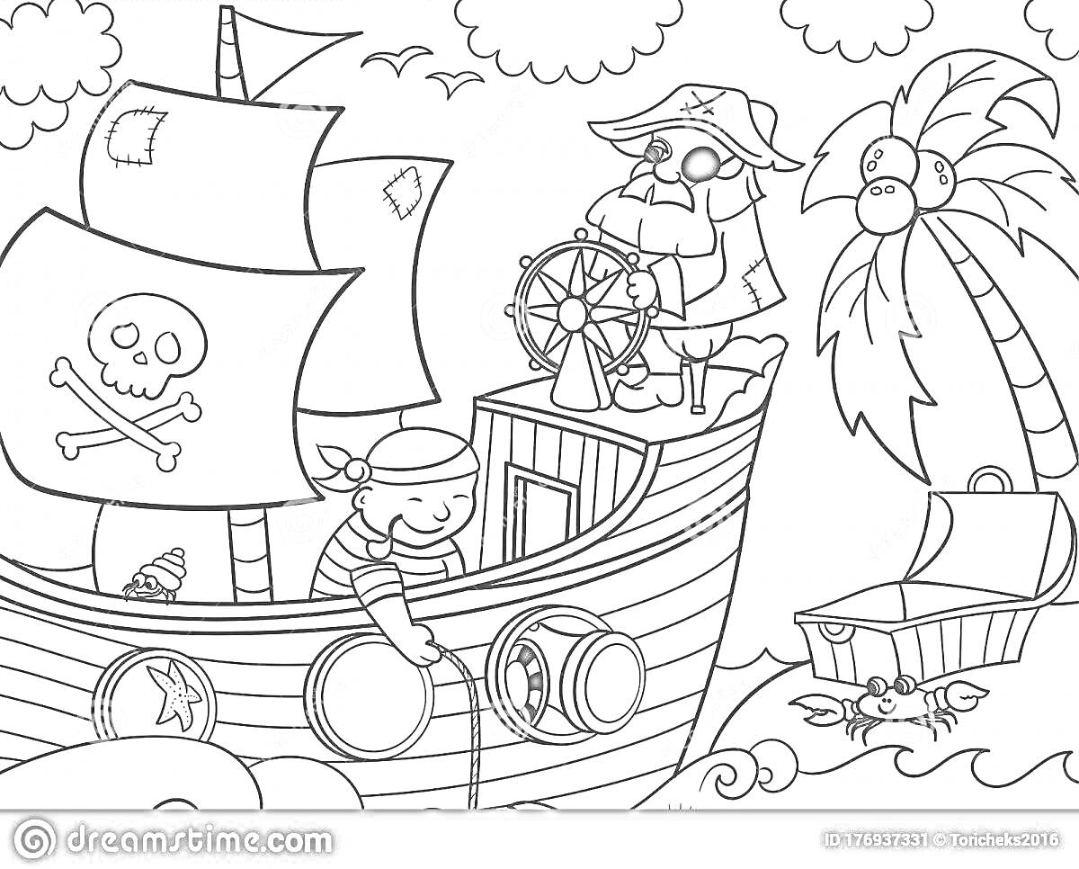 На раскраске изображено: Пиратский корабль, Капитан, Матрос, Сундук с сокровищами, Краб, Море, Приключения, Пиратский флаг, Череп и кости