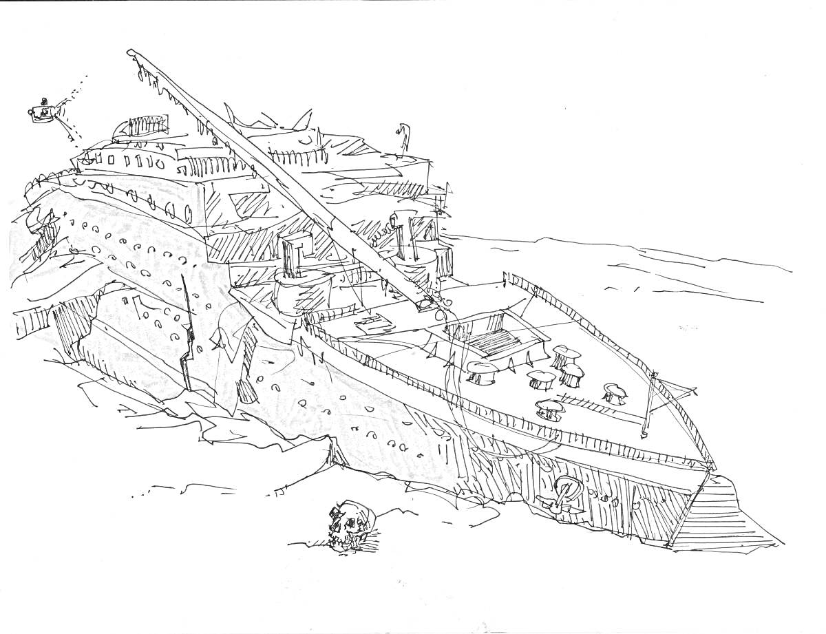 На раскраске изображено: Затонувший корабль, Кран, Катер, Череп, Подводный мир, Руины