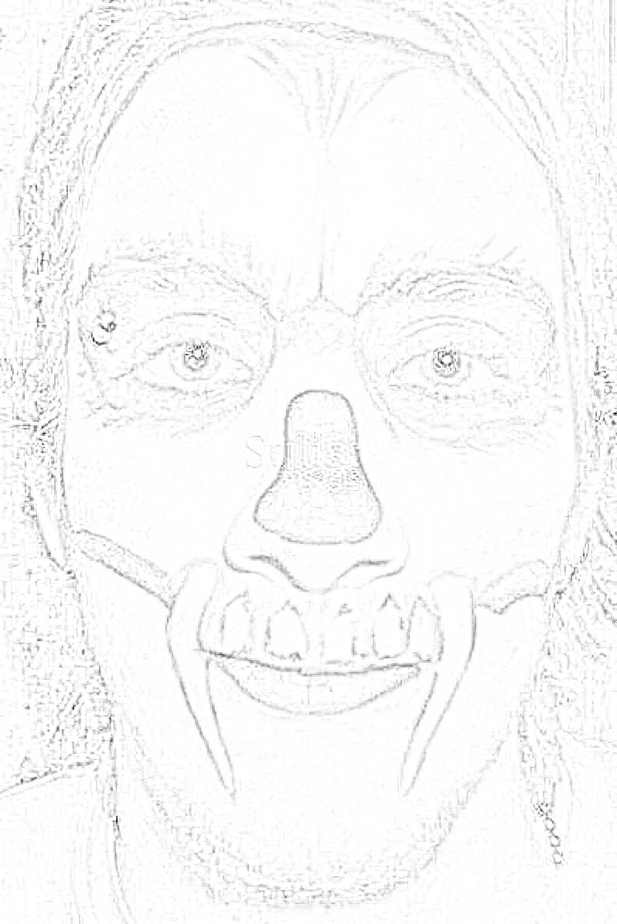 Раскраска Рисунок на лице в виде черепа с черными тенями вокруг глаз, черным носом, и белыми зубами с клыками.