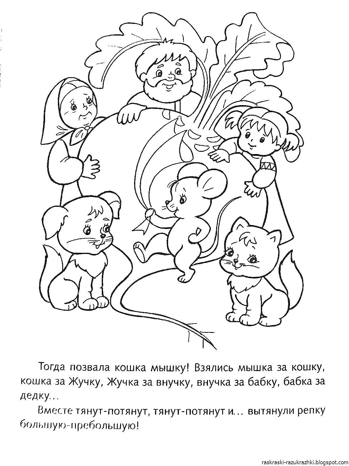 На раскраске изображено: 4-5 лет, Средняя группа, Жучка, Внучка, Бабка, Дедка