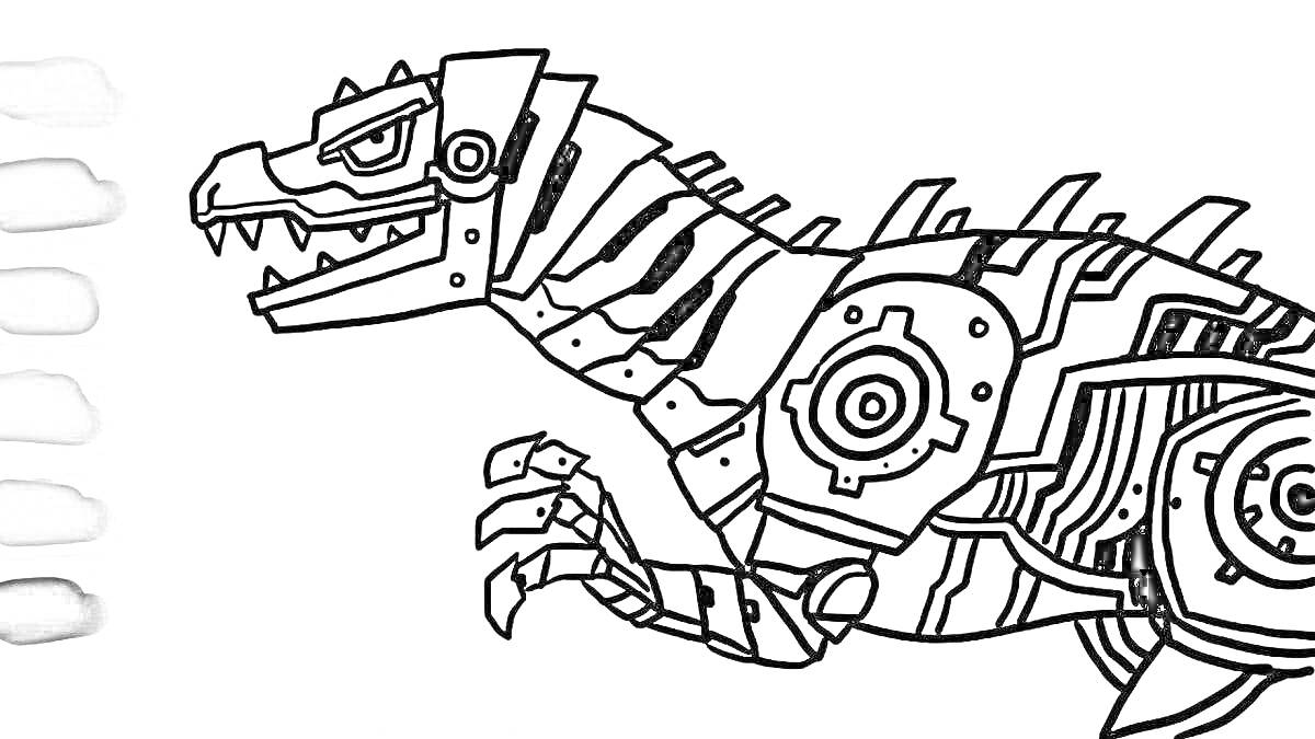 Раскраска Динозавр-робот с шестеренками и зубчатыми колесами, пять оттенков серого