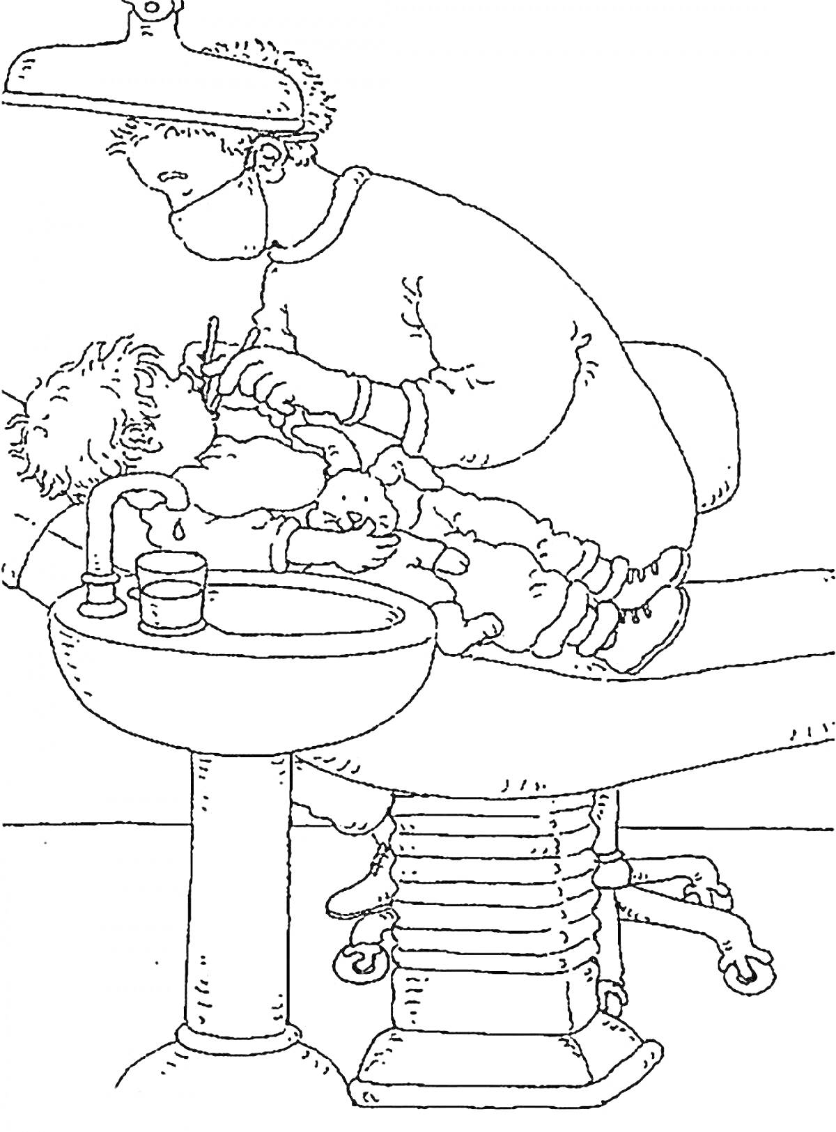 На раскраске изображено: Врач, Стоматолог, Ребенок, Кресло, Медицинское оборудование, Лампа, Медицинская маска, Перчатки