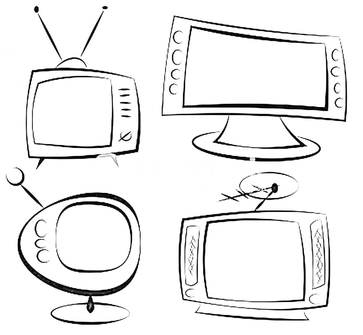 Раскраска Четыре телевизора с кнопками, антеннами и подставками
