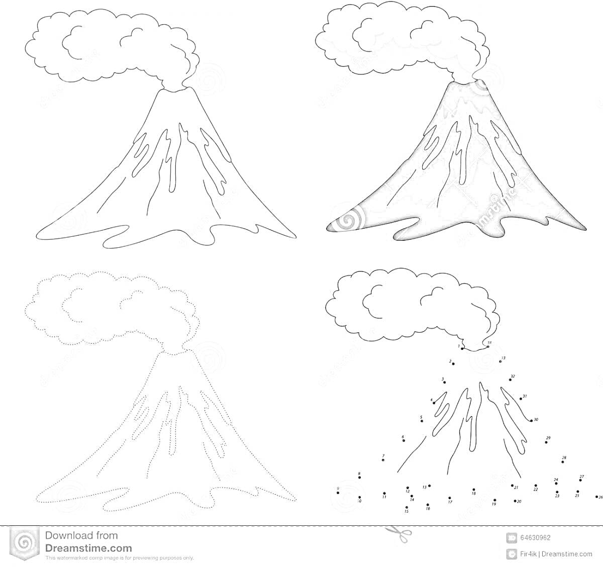 Раскраска Извержение вулкана с четырьмя видами извержения, один раскрашенный