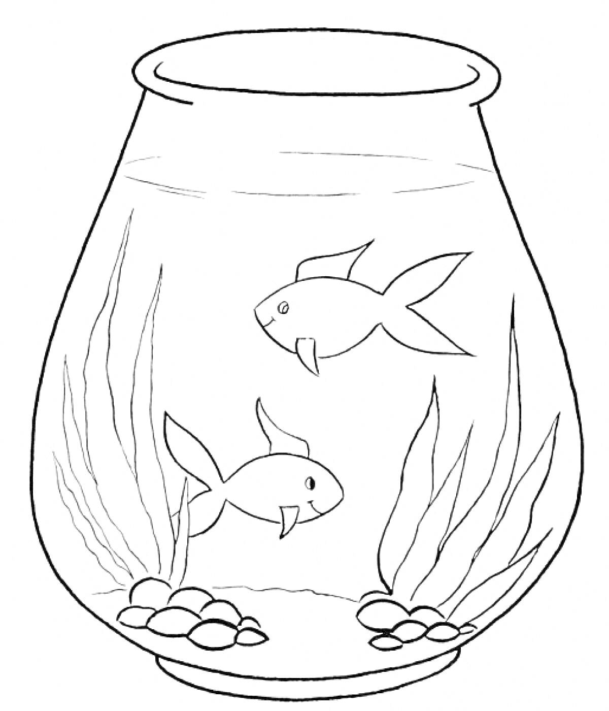 Раскраска Аквариум с двумя рыбками, водоросли и камни на дне