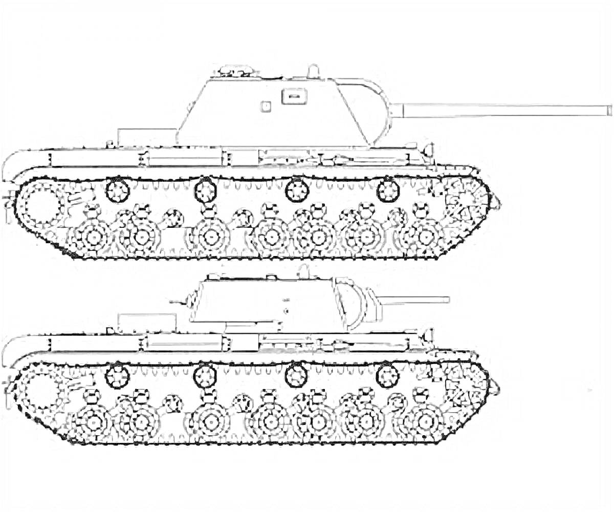 Раскраска Два вида танка КВ-1, боковые проекции