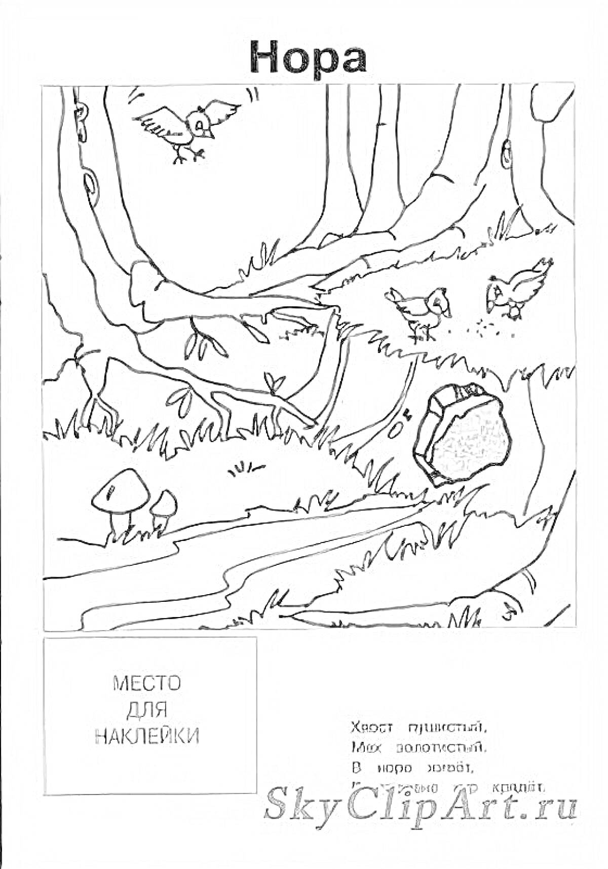 Раскраска Нора в лесу с птицами, деревьями, кустами, грибами, и тропинкой