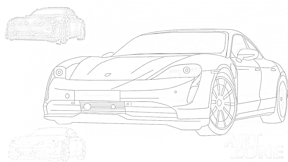 Раскраска Porsche Taycan, изображены три автомобиля, крупный автомобиль вид спереди с акцентом на переднюю часть, верхний левый меньший автомобиль сзади и слева и нижний левый меньший автомобиль вид сбоку и слева, логотип ArtZone.