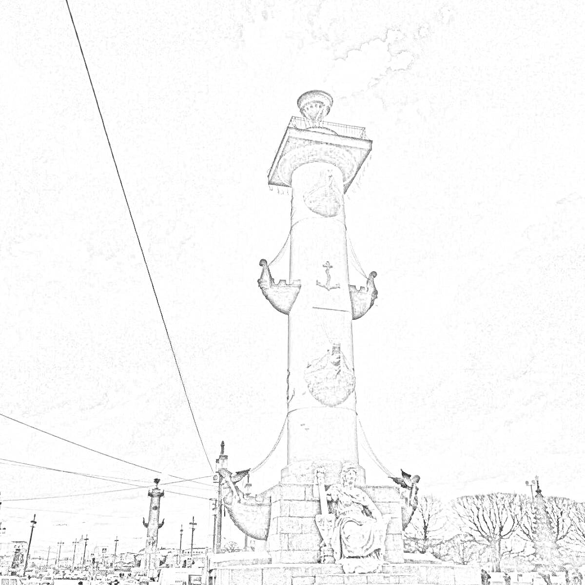 На раскраске изображено: Ростральная колонна, Архитектура, Якоря, Фигуры, Небо, Монумент, Санкт-Петербург