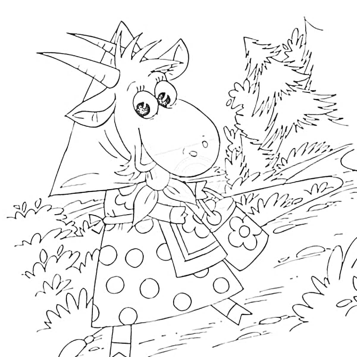 На раскраске изображено: Волк и семеро козлят, Лес, Природа, Деревья, Кусты