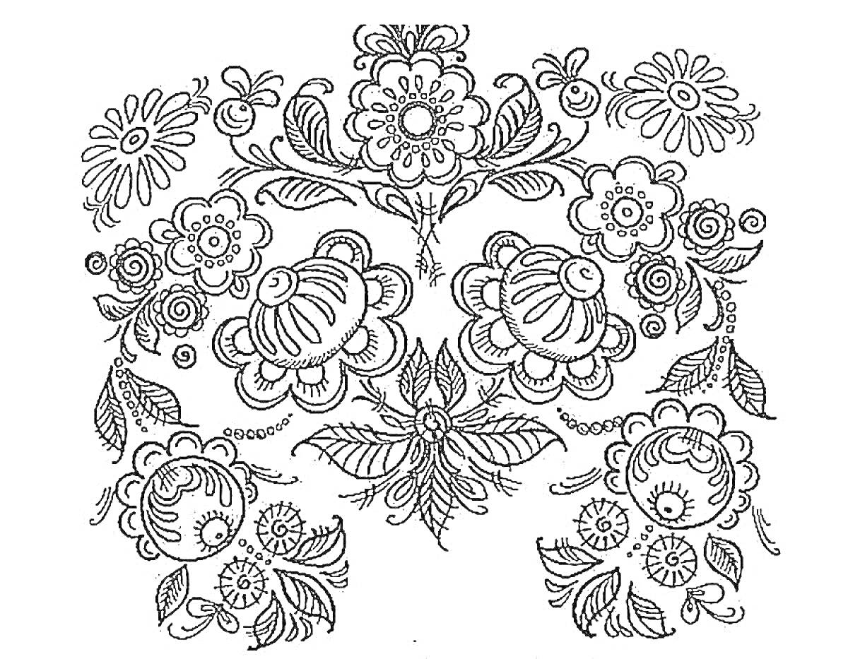Раскраска Цветочная роспись с элементами крупных и мелких цветов, завитков и листьев