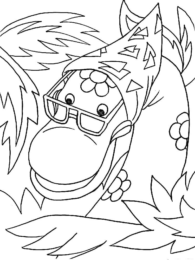 Раскраска Удав в косынке и очках, выглядывающий из-за листьев пальмы