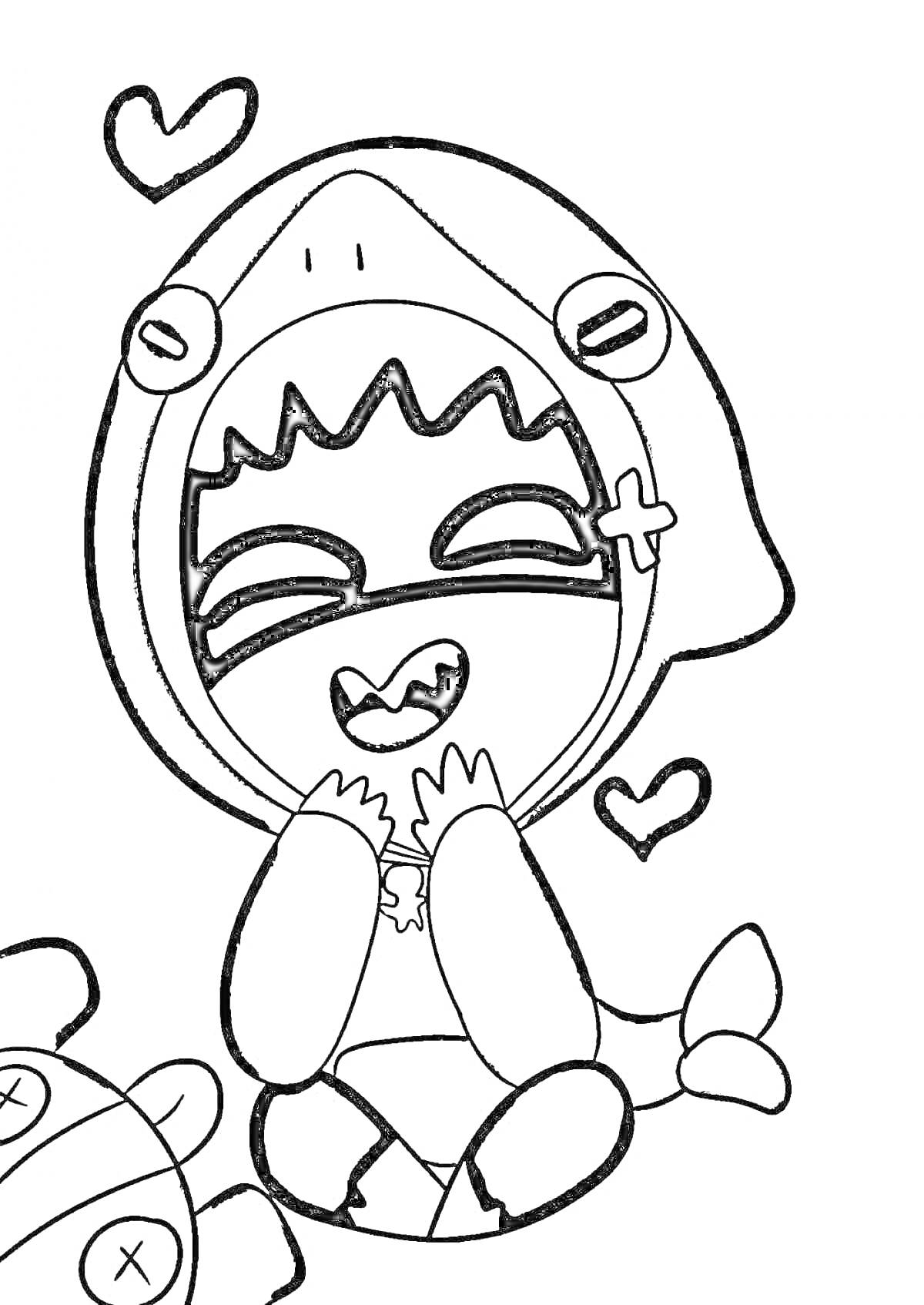 Раскраска Акулья маска Леона из Brawl Stars, улыбающийся Леон в костюме акулы, сидящий на полу с сердечками вокруг