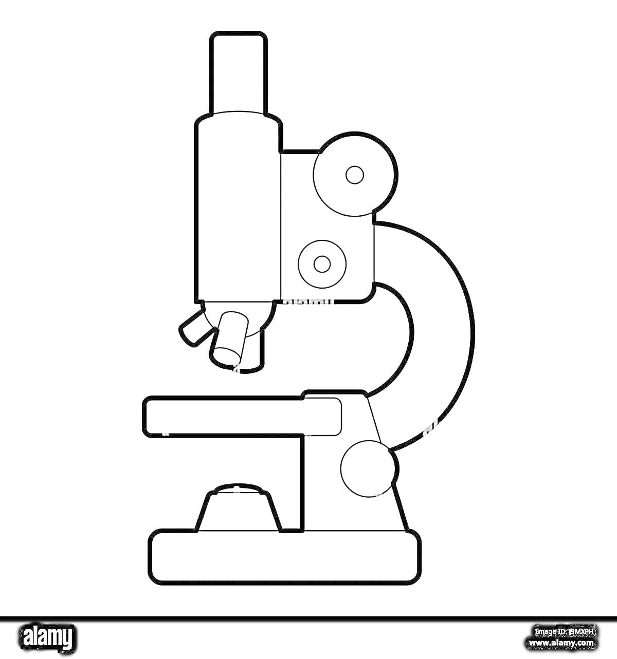 Раскраска Чертеж микроскопа для раскраски, включает окуляр, барабан со сменными объективами, тубус, револьверное устройство, предметный столик, штатив и основание.