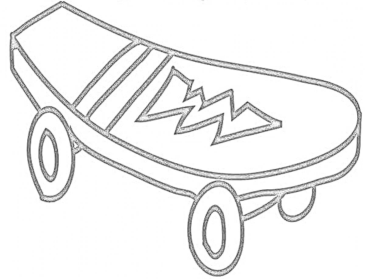 На раскраске изображено: Скейтборд, Молния, Четыре колеса, Спортивный инвентарь, Для детей