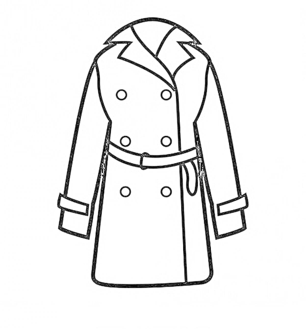 Раскраска Пальто с поясом и пуговицами на лацканах и манжетах