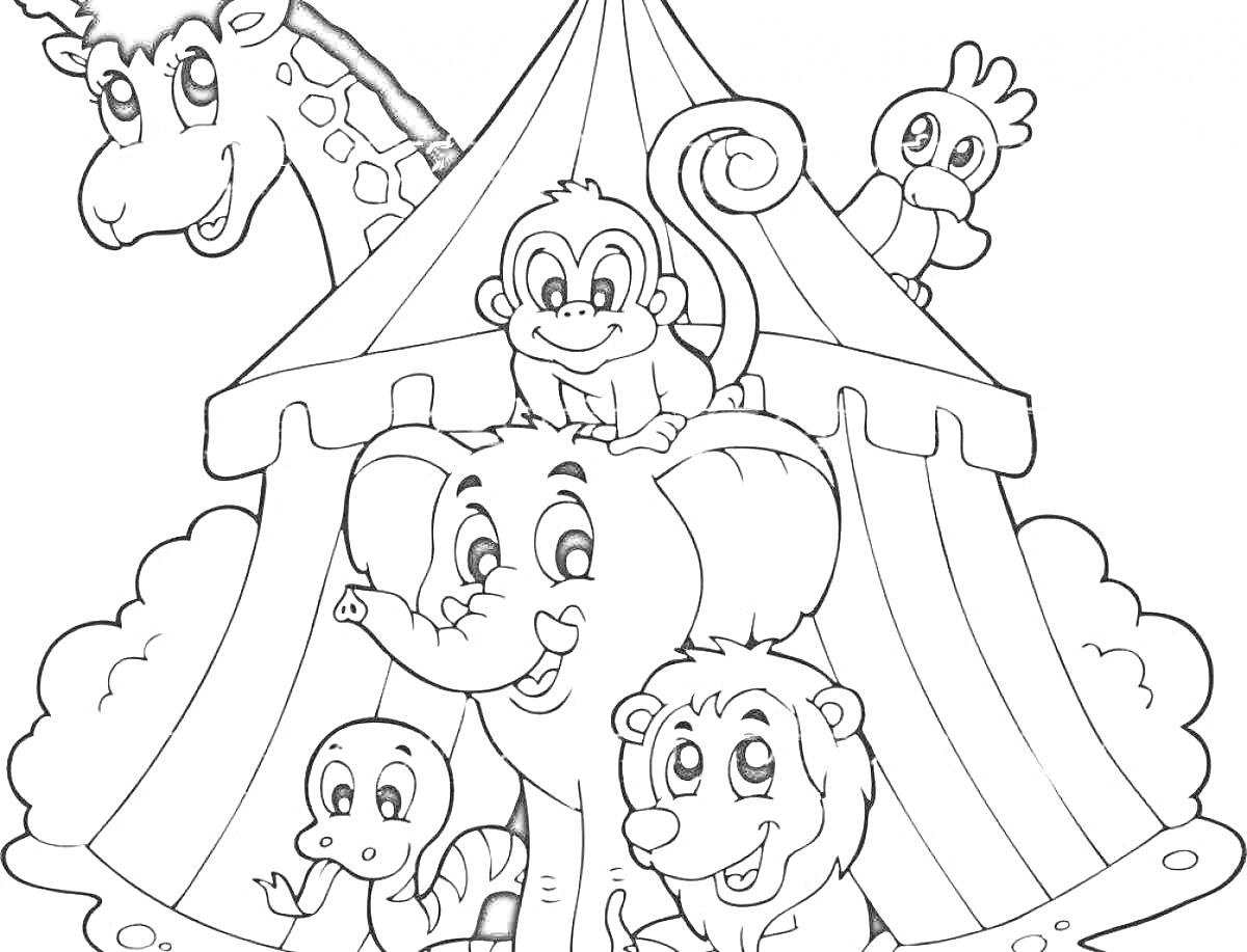 Раскраска Цирк с животными — жираф, попугай, обезьянка, слон, лягушка и лев на фоне шатра