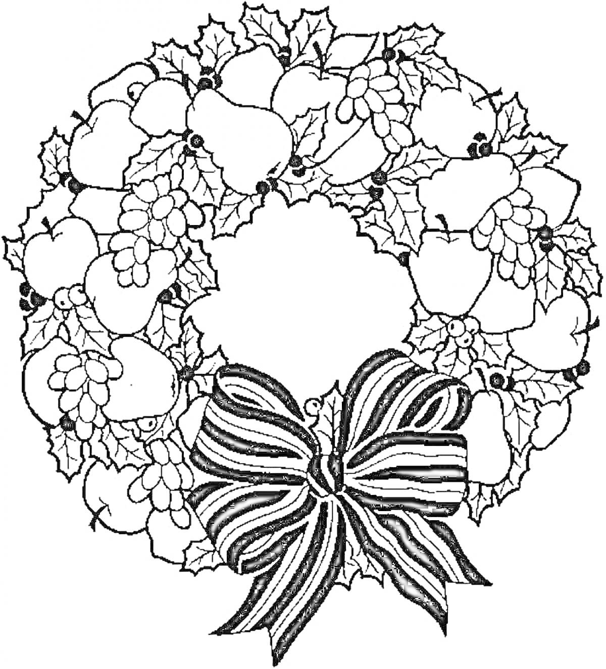 Раскраска Венок рождественский с листьями остролиста, ягодами и большим бантом