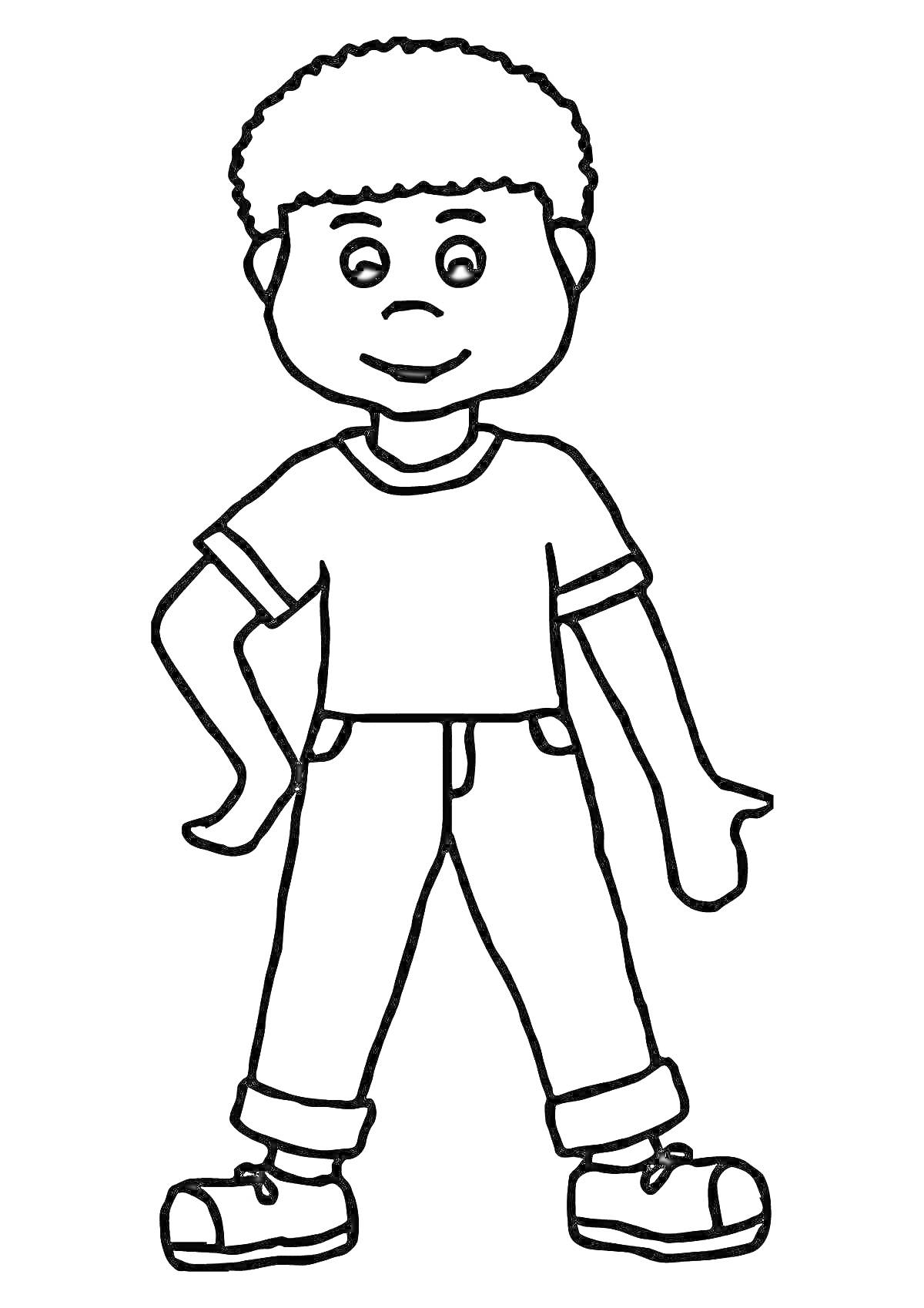 РаскраскаМальчик с короткими волосами, в футболке и брюках