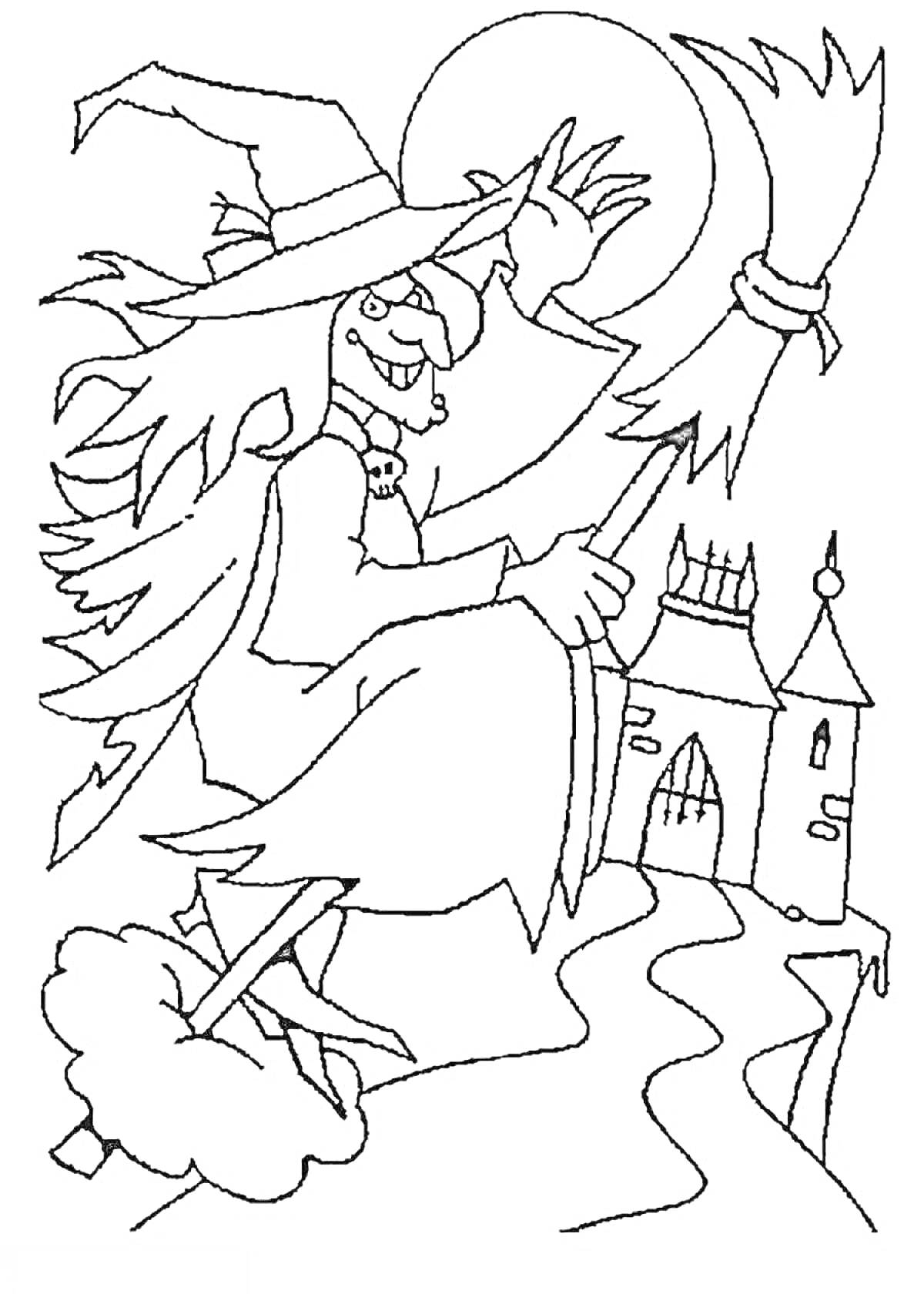 На раскраске изображено: Ведьма, Замок, Метла, Луна, Ночь, Полет, Шляпа, Улыбка