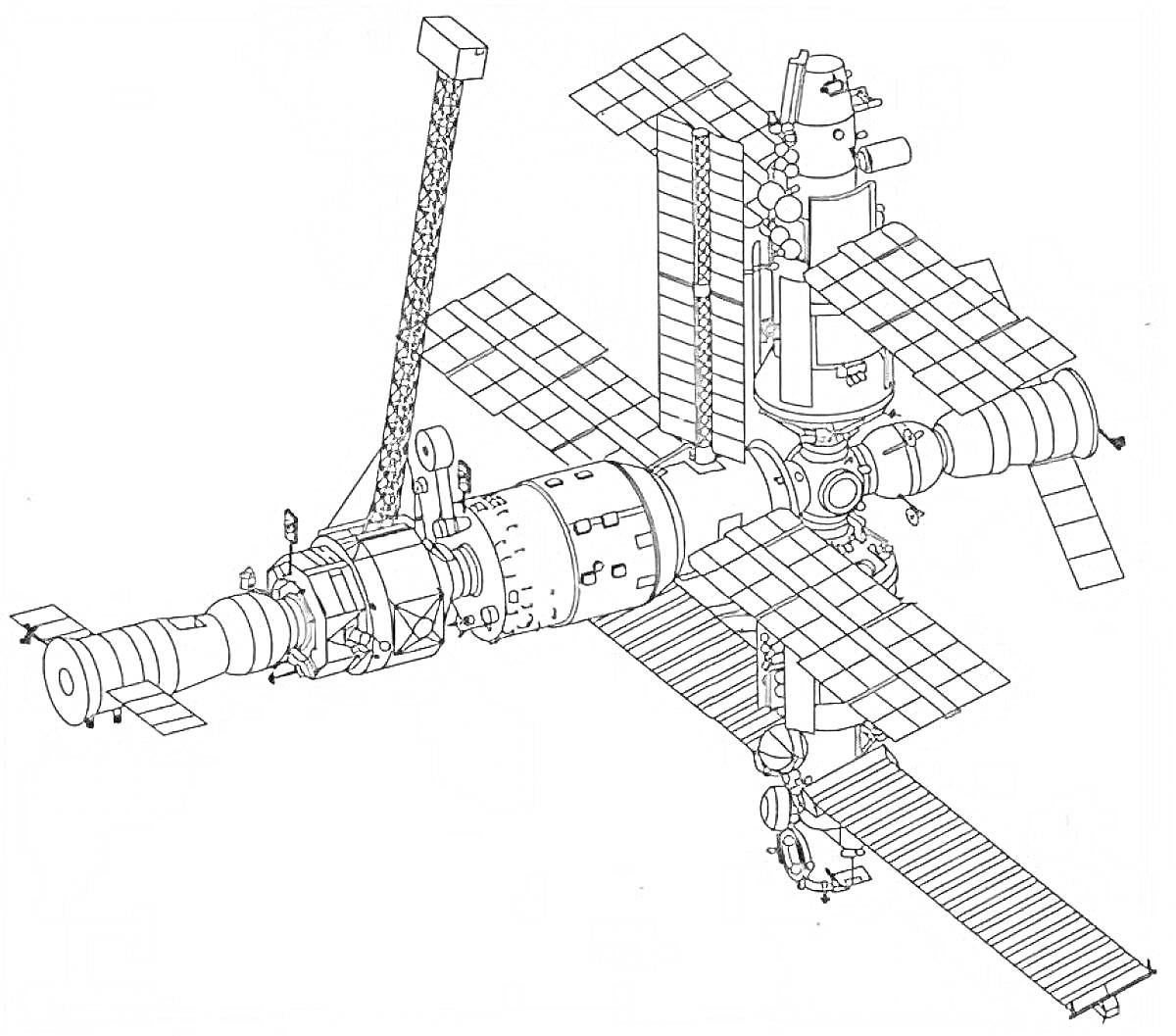 На раскраске изображено: МКС, Международная космическая станция, Солнечные панели, Модули, Космос, Станция, Космическая техника