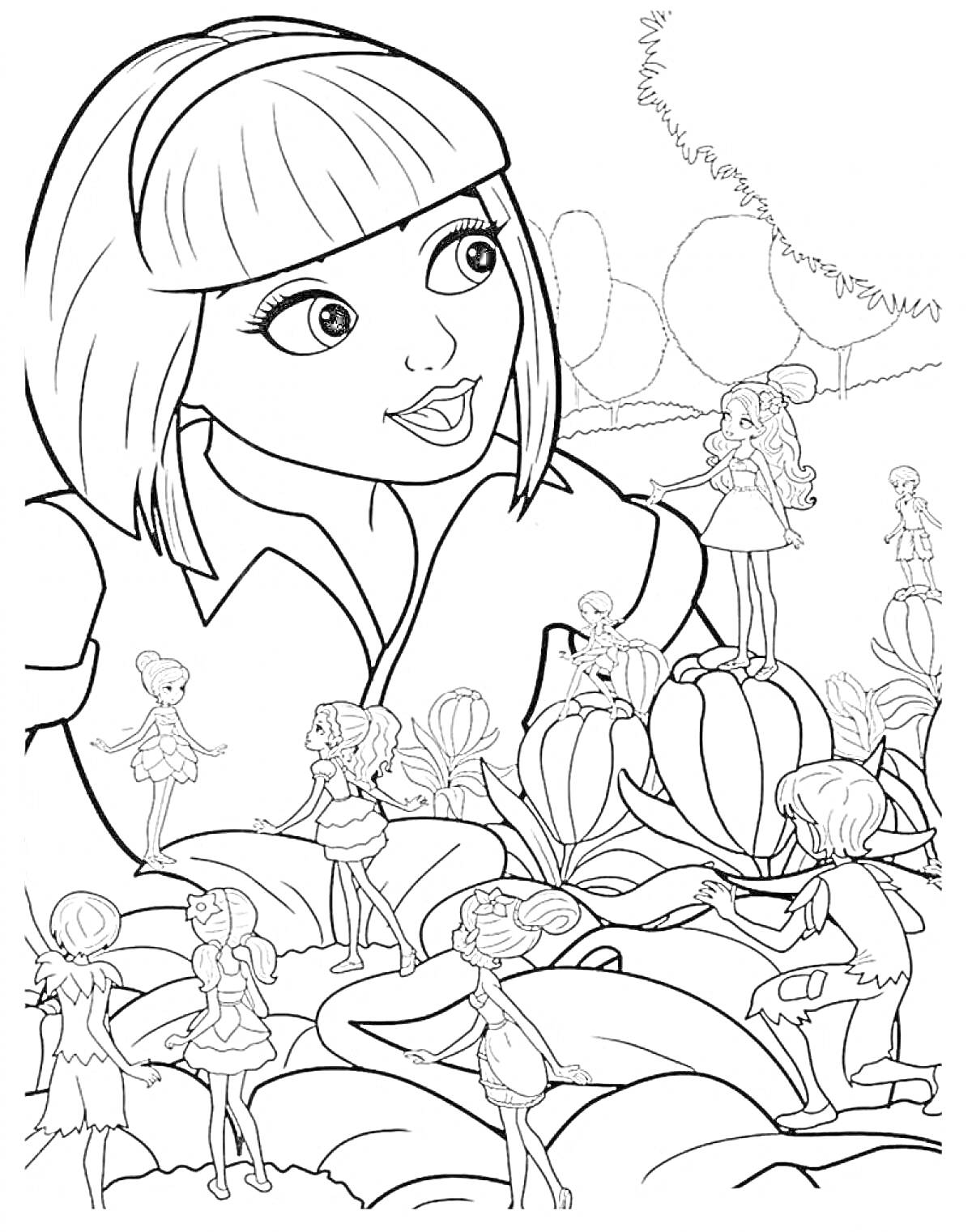 Раскраска Девушка с короткими волосами среди маленьких фей и цветов