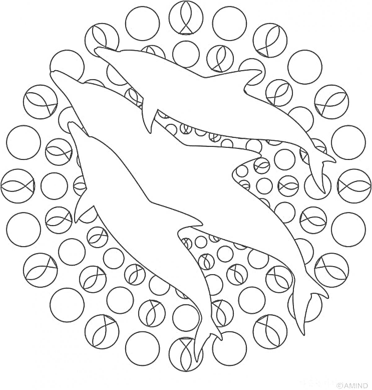 На раскраске изображено: Дельфины, Круги, Геометрия, Узоры