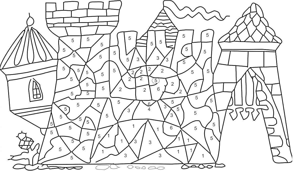 Раскраска Замок с башнями и стенами, раскраска по номерам