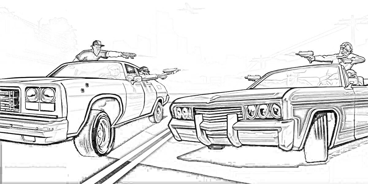 Раскраска Автопогоня в GTA Online: две машины с людьми, стреляющими друг в друга, городской пейзаж на заднем плане