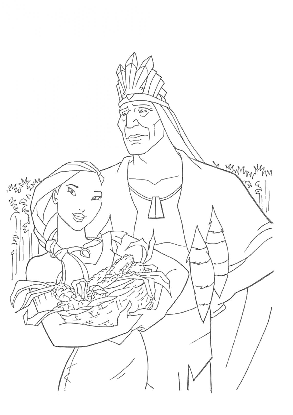 На раскраске изображено: Покахонтас, Длинные волосы, Корзина, Овощи, Мужчина, Природа, Традиционная одежда, Головные уборы, Девочка