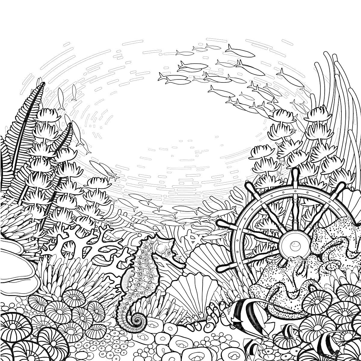 На раскраске изображено: Антистресс, Подводный мир, Корабль, Морской конек, Штурвал, Кораллы, Морская флора