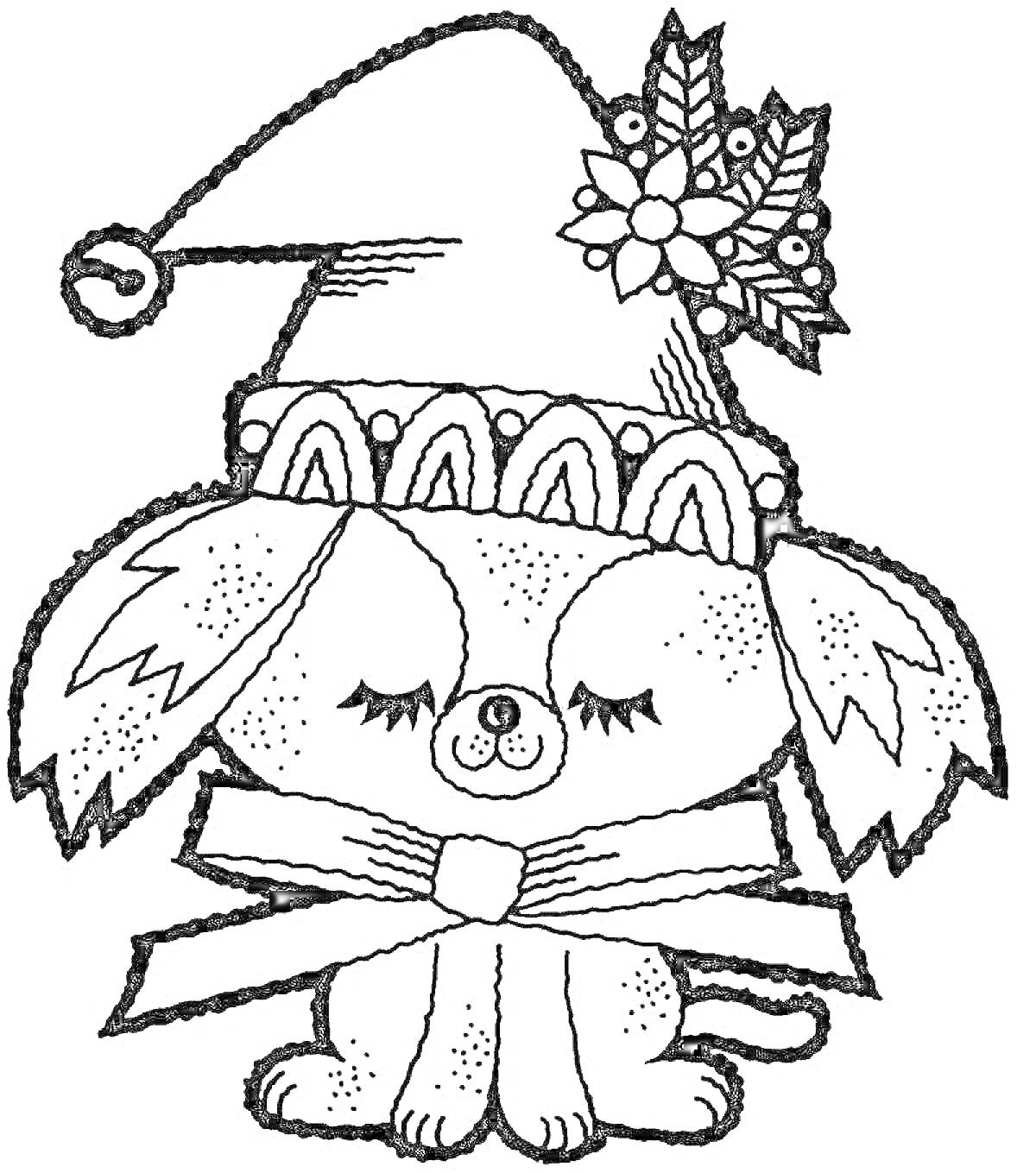 Раскраска Собачка в новогодней шапке с цветком и большим бантом