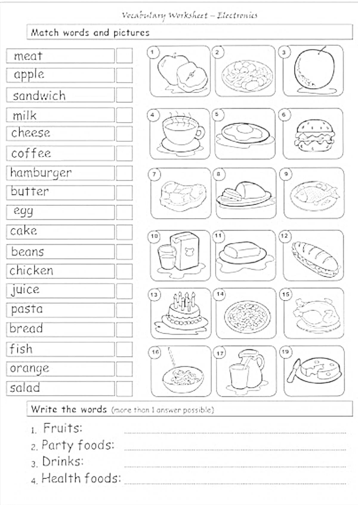 Раскраска Раскраска на тему еды на английском языке с изображением продуктов: мясо, яблоко, сэндвич, молоко, сыр, кофе, гамбургер, масло, яйцо, торт, фасоль, курица, сок, паста, хлеб, рыба, апельсин, салат