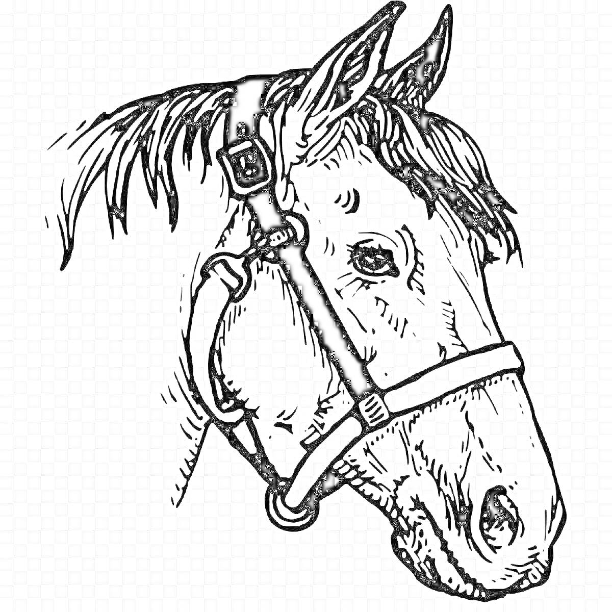 На раскраске изображено: Конь, Лошадь, Уздечка, Грива, Животные