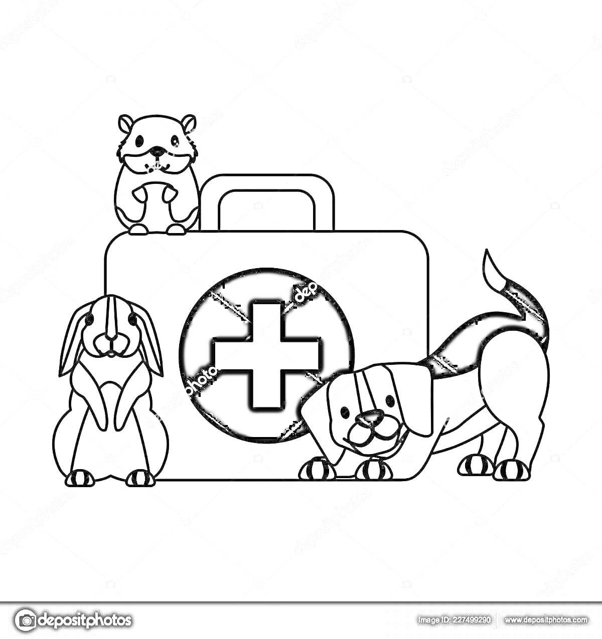На раскраске изображено: Ветеринар, Аптечка, Хомяк, Кролик, Собака, Животные, Медицина, Крест, Сумка