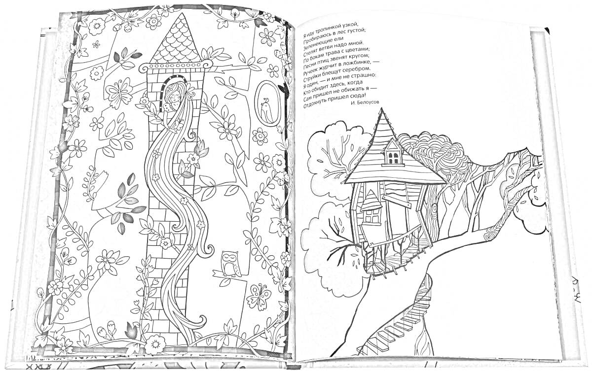 Раскраска Домик на дереве, лес, растения и лианы, винтовая лестница на дерево